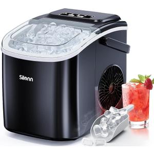 Silonn Ice Maker Countertop, 9 Cubes Ready in 6 Mins 26lbs in 24Hrs, Self-Cleaning Ice Machine with Ice Scoop and Basket, 2 Sizes of Bullet Ice for Home Kitchen Office Bar Party, Black