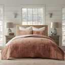 EverGrace Velvet Quilt Set King Size, Luxurious Soft Quilted Bedding Sets, Lightweight Velvet Comforter for All Season, Striped Channel Bedspread Coverlet with 2 Shams, Terracotta Clay