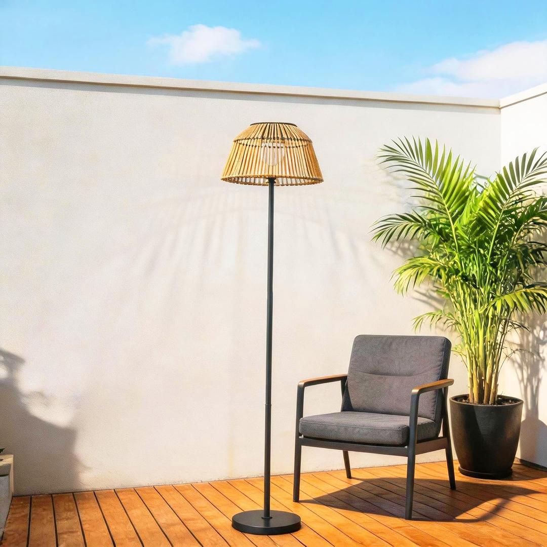 Solar Floor Lamp, 46" Outdoor Floor Lamp Waterproof, Warm Yellow Lights Dusk to Dawn 8-10Hr, Easy InstallHand Woven Faux Rattan Lampshade Design, Indoor Type-C port Rechargeable - Patio, Garden, Porch