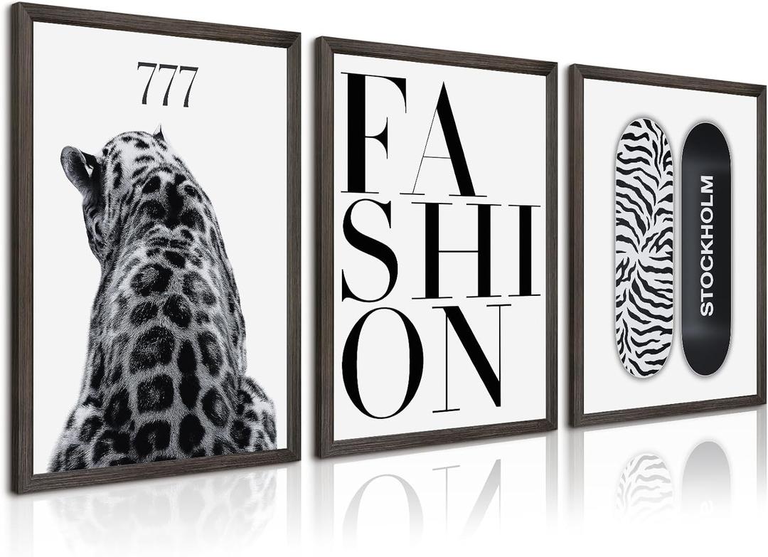 Trendy Leopard Wall Art Black White Cheetah Wall Decor Fashion Aesthetic Canvas Posters Preppy Stockholm Prints Stylish Cheetah Pictures Y2k Painting for Bedroom 16x24 Inch Framed Set of 3