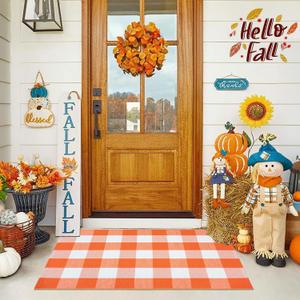 Fall Orange and White Plaid Rugs, 28''x43'' Area Rug Outdoor Indoor Front Porch Doormat Cotton Hand-Woven Layered Door Mats for Entryway Patio Laundry Bedroom Living Room