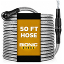 BIONIC STEEL 50 Ft Metal Garden Hose with Sprayer Nozzle, Non Kinking Designed Stainless Steel Heavy Duty Water Hose 50Ft x 5/8 in. Ultra Flexible NON Expandable for Uninterrupted Water Flow, 500 PSI