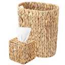 Water Hyacinth Trash Can 15L & Wicker Square Tissue Box, Handwoven Waterproof Waste Basket with Handles, Wicker Home Set for Bedroom, Bathroom, Kitchen, Office, Balcony (Khaki)