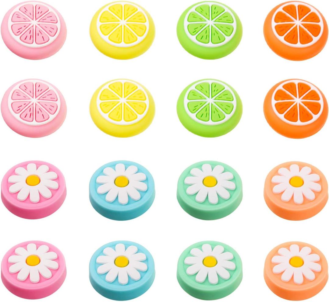 Sumind 16 Pieces Replacement Cute Fruit Lemon and Flower Design Thumb Grip Caps Analog Stick Cover Joystick Cap Soft Silicone Cover Compatible with Nintendo Switch, Switch Lite and Joy-Con Controller