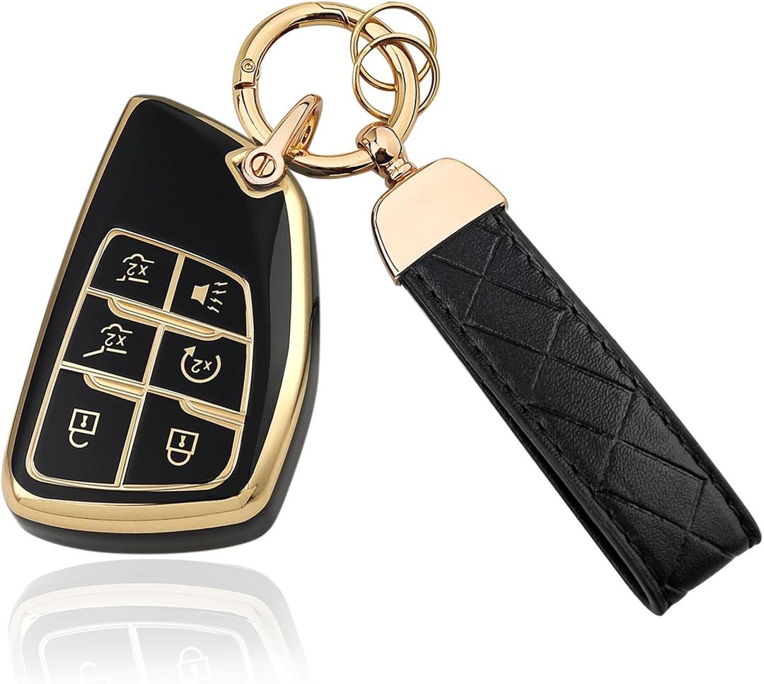 Aoocar 6 Button TPU Key Fob Cover with Leather Keychain, Compatible with 2021 2022 2023 2024 2025 2026 GMC Yukon Denali Sierra, Fit for Chevy Silverado Suburban Tahoe Buick etc, Black