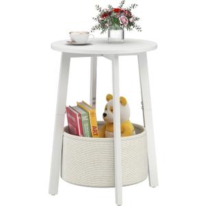 Small Round Side End Table with Cloth Storage Basket, Round Bedside Sofa Couch Coffee Tables for Small Places with Metal Frame, Modern Nighstands for Living Room Bedroom,White
