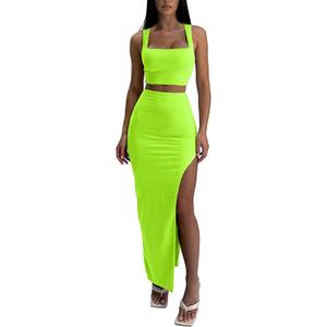 ELLEVEN Two Piece Maxi Skirt Sets for Women, Square Neck Tank Tops with High Side Slit Dress Sets Summer Outfits (Neon Green) XL
