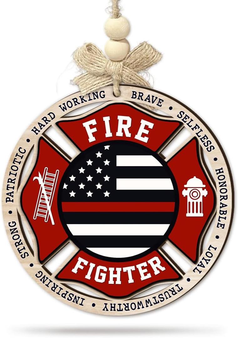 Firefighter Christmas Ornament 2025 - Fireman Maltese Cross Xmas Tree Ornaments, 2 Layer Wood - Appreciation Gift for Firefighter Dad, Mom, Husband, Brother, Family