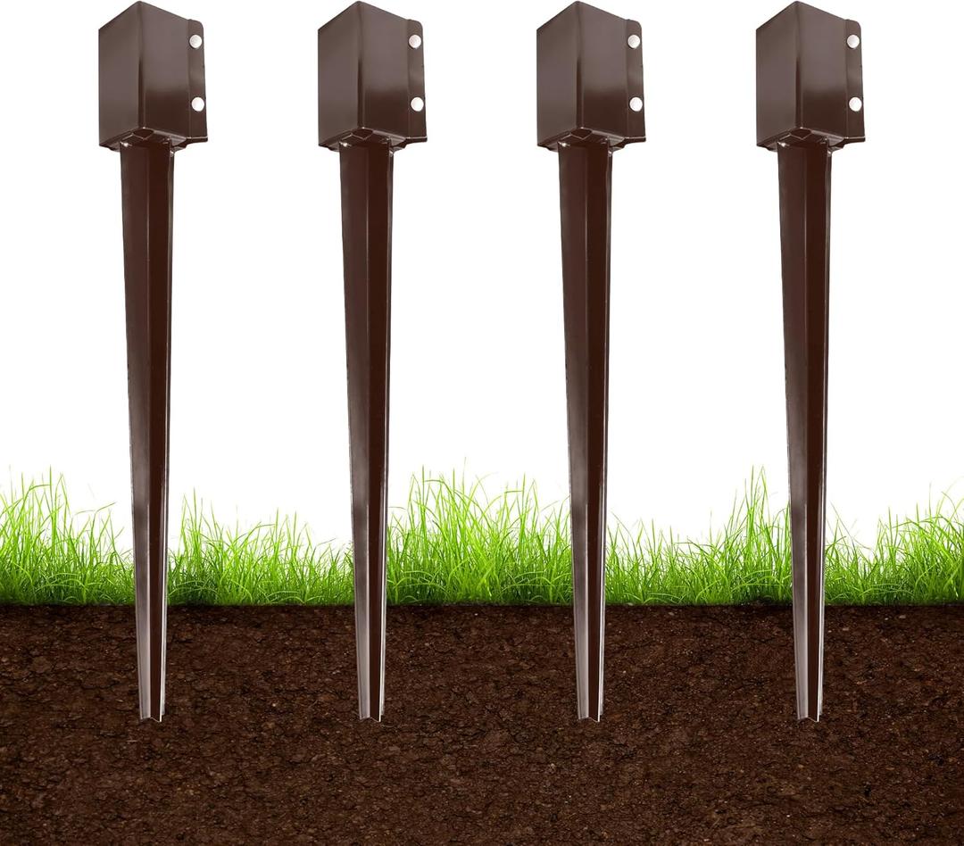ARIFARO Fence Post Anchor Ground Spike Heavy Duty Metal Powder Coated Fence Stakes Post, 4x4 inch(3.5 x3.5 inch Inner) Pack of 4 (Brown, 36 inch)