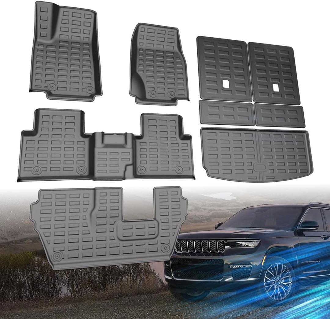 Car Floor Mats & Truck Bed Liner for Jeep Grand Cherokee L 2021-2025(ONLY for 7 Seaters Without Center Console)Accessories,Custom Fit 1st&2nd Row Cargo Liners Set(Bed Mat+Tailgate Mat+Floor Mat)