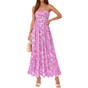 PRETTYGARDEN Women Strapless Maxi Dress 2026 Summer Floral Tube Top Ruched Beach Spring Wedding Guest Long Dresses (Small)