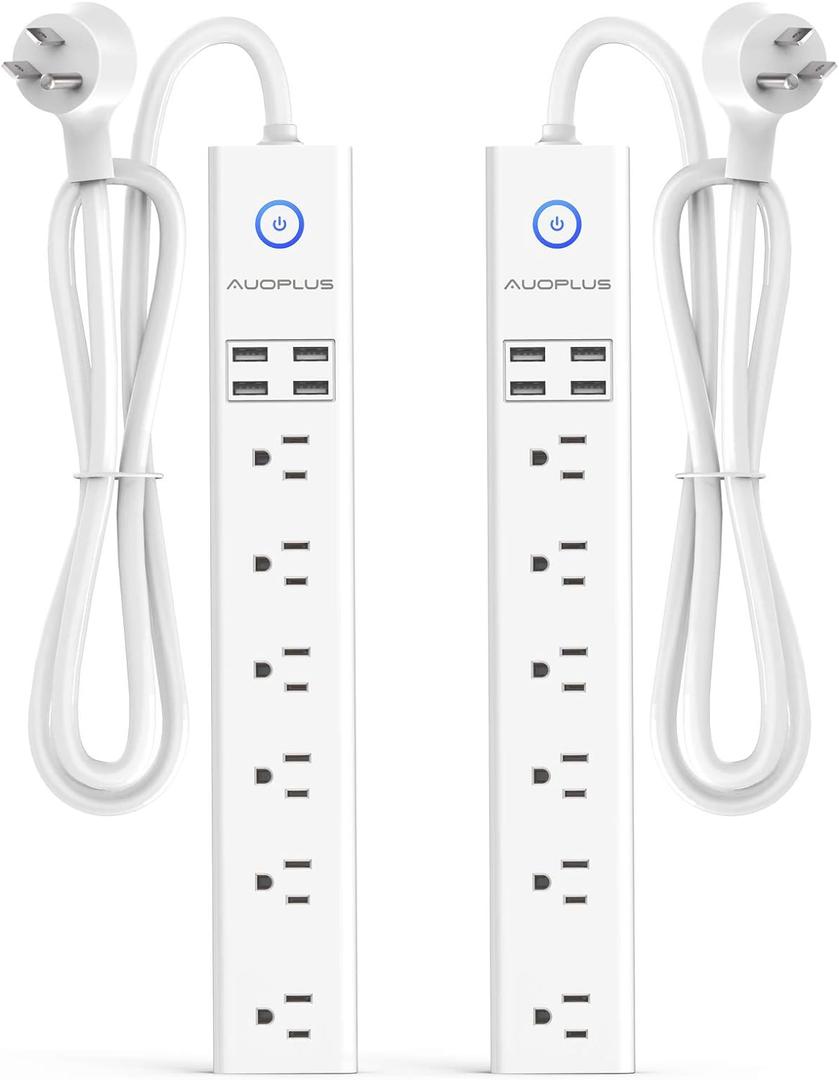 2 Pack Power Strip Surge Protector Flat Plug - 6 Widely Spaced Outlets 4 USB Charging Ports, 2100J/10A with 6Ft Long Extension Cord, Overload Surge Protection, Wall Mount for Home Office (White)