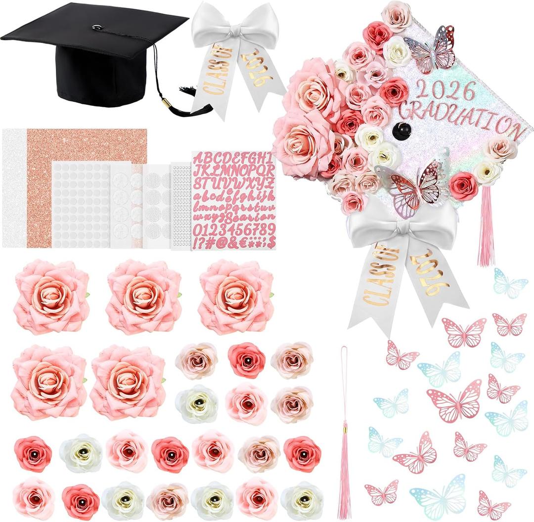 Gilprop DIY Graduation Cap Decorations Kit Pink Grad Cap Topper Artificial Flower Heads 3D Artificial Bow Alphabet Letter Rhinestones Stickers Glitter Paper for Grad Party Decoration (Fresh)