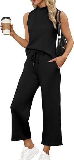 Two Piece Sets for Women Summer Outfits Lounge Sets Mock Neck Tops Wide Leg Crop Pants Vacation Travel Outfits, Black Small