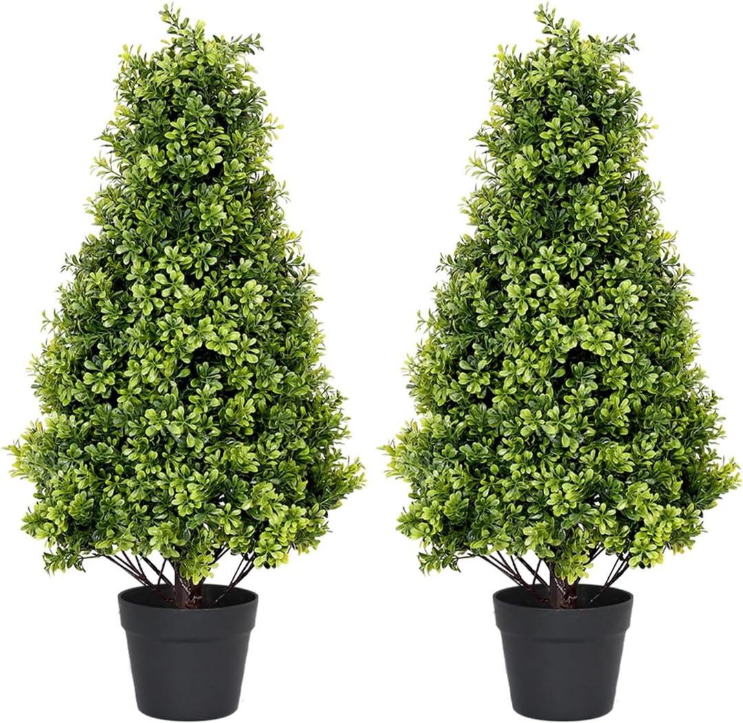 2.5ft Artificial Boxwood Topiary Trees, 30'' UV Resistant Faux Plants for Outdoor Planter, Front Porch Decor, Set of 2