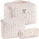 Makeup Bag for Women 3PCS Quilted Cotton Make Up Bag Travel Cosmetic Bag Large Makeup Bag Set Cute Makeups Organizer Floral Toiletry Pouch for Purse, Pink Floral C