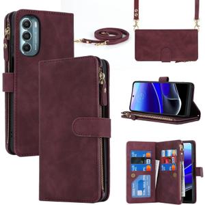 iCoverCase for Motorola Moto G Stylus 5G 2022 Wallet Case with Card Holder, Kickstand Feature PU Leather Case with Adjustable Crossbody Lanyard Magnetic Clasp Zipper Pocket Flip Cover (Claret)