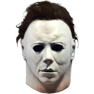 Halloween Horror Mask, Deluxe White Latex Full Head Mask with Black Hair, Costume Accessory