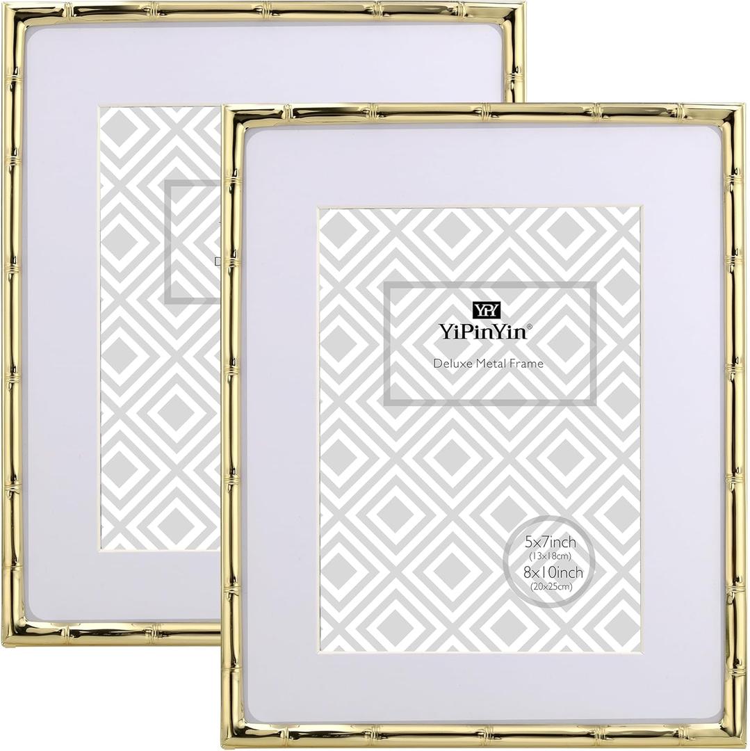 YiPinYin 8x10'' Bamboo Detail Gold Metal Picture Frame with Acid Free Mat for 5x7'' Set of 2,Elegant Narrow Plated Photo Frames 5x7'' With Velvet Backing for Desktop and Wall Dcor
