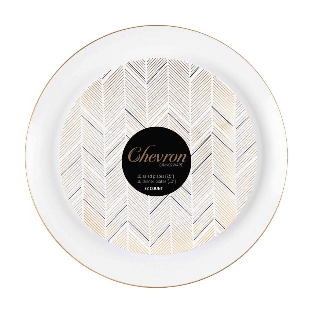 Chevron Dinnerware gold/black plates, 16 Salad Plates (7.5") & 16 Dinner Plates (10"), 4/32 Count