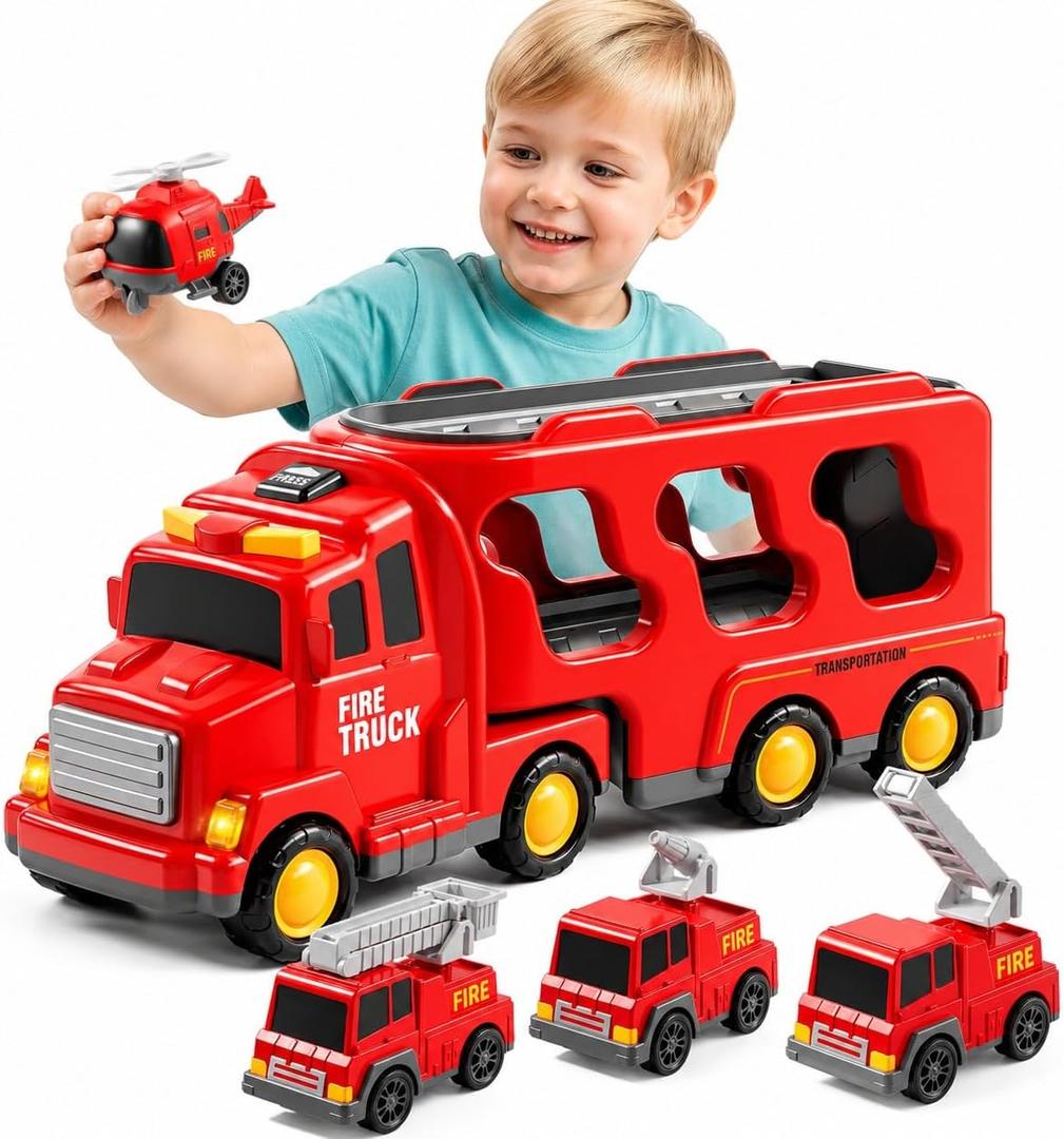 Bennol 5-in-1 Fire Trucks Toy Set for Boys Age 1-3 3-5 Fire Car Truck for Toddlers 1 2 3 4 5 6 Years Old Christmas Birthday Gift Car Sets with Light Sound