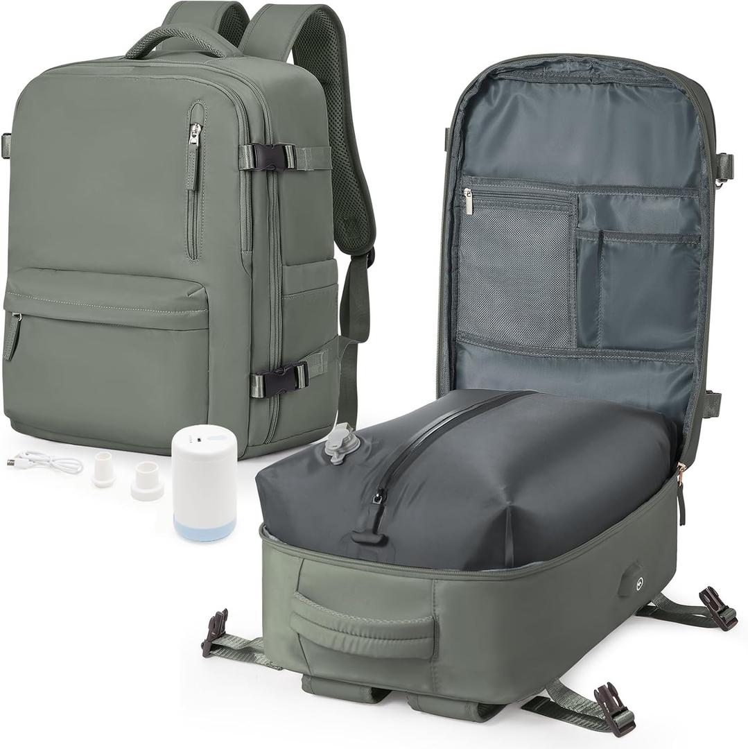 winspansy Large Storage Vacuum Compression Travel Backpack Seal Bags with Pump Clothing 18x14x8 Personal Item Work Carry on Business Vacpack College Airback Laptop Backpack for Women Men Dark Green