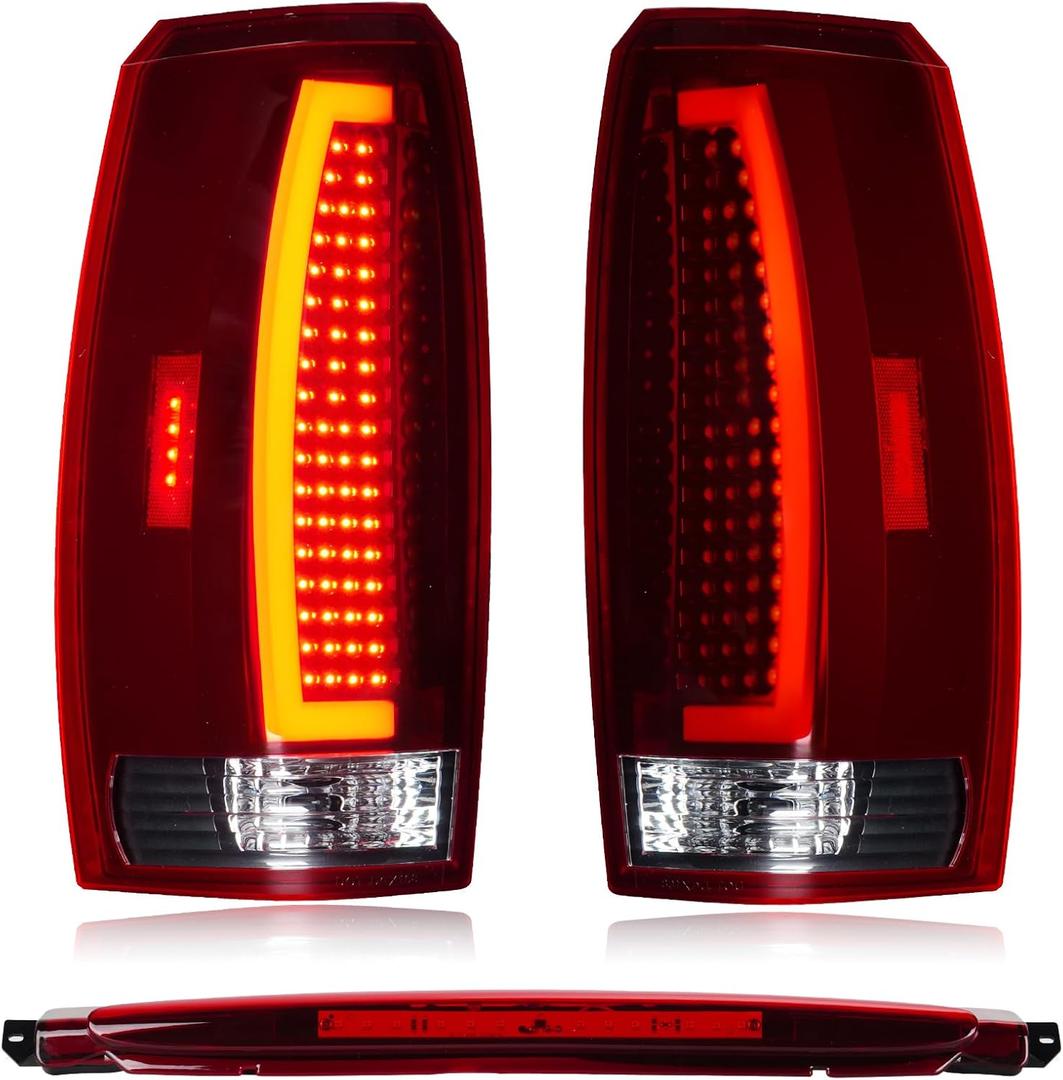 LED Tail Light Assembly + 3rd Third Brake Cargo Lamp Fit for Chevy Avalanche 2007-2012 Rear Taillight, High Mount Stop Light Black Housing Red Lens, 3 Pcs