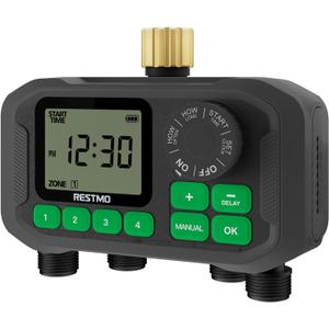 RESTMO Sprinkler Timer for Outdoor Hose Faucet 4 Zone, Up to 11h59m Programmable Watering Timer for Soaker Hose, Misting with Brass Inlet & Large Dial, Rain Delay/Manual/Automatic Irrigation System
