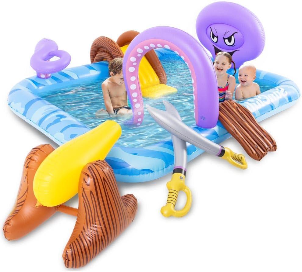 Inflatable Play Center, Inflatable Octopus Spray Pool with Base Pool, Slide, Wooden Block, Octopus Blow up Water Slides for Kids Adults Outdoor Backyard