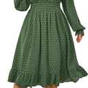 Women's Plus Size Fall Dress Long Sleeve V Neck Smocked Swiss Dot Flowy High Waisted A Line Ruffle Midi Dress (XL)