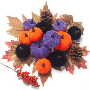 21 PCS Pumpkins Decor Set, 3 Sizes Fake Velvet Pumpkin, Black Purple Orange Small Foam Pumpkin, Autumn Table Centerpiece for Thanksgiving Farmhouse Fall Harvest Halloween Party Decorations