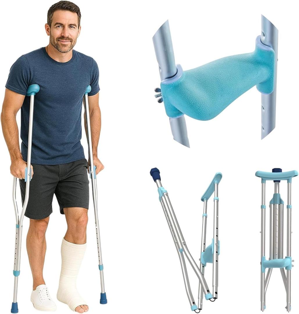 Foldable Ergonomic Crutches Adjustable, Lightweight Crutches with Ergonomic Grips Compact, 3X Comfortable Support Fits 410 to 64 250 lb Capacity