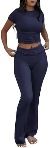 COPYLEAF Two Piece Lounge Sets for Women Fold Over Flare Pants Short Sleeve Crop Top Y2k Outfits Matching Set Tracksuit, XS COPYLEAF Two Piece Lounge Sets for Women Fold Over Flare Pants Short Sleeve Crop Top Y2k Outfits Matching Set Tracksuit, XS