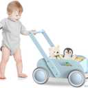 Wooden Baby Walker, Push and Pull Learning Walking Toys for Babies Infants to Toddler, Walker with Wheels for Boys Girls, Gift for Birthday Christmas, Blue