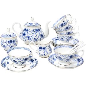 Bone China Tea Set, 21-Pieces Porcelain Tea Set for Adults, Tea Cups And Saucers for 6, with Teapot, Spoons, Sugar Bowl, Creamer Pitcher, Vintage Tea Set for Women Tea Party,Gift Box (Blue)
