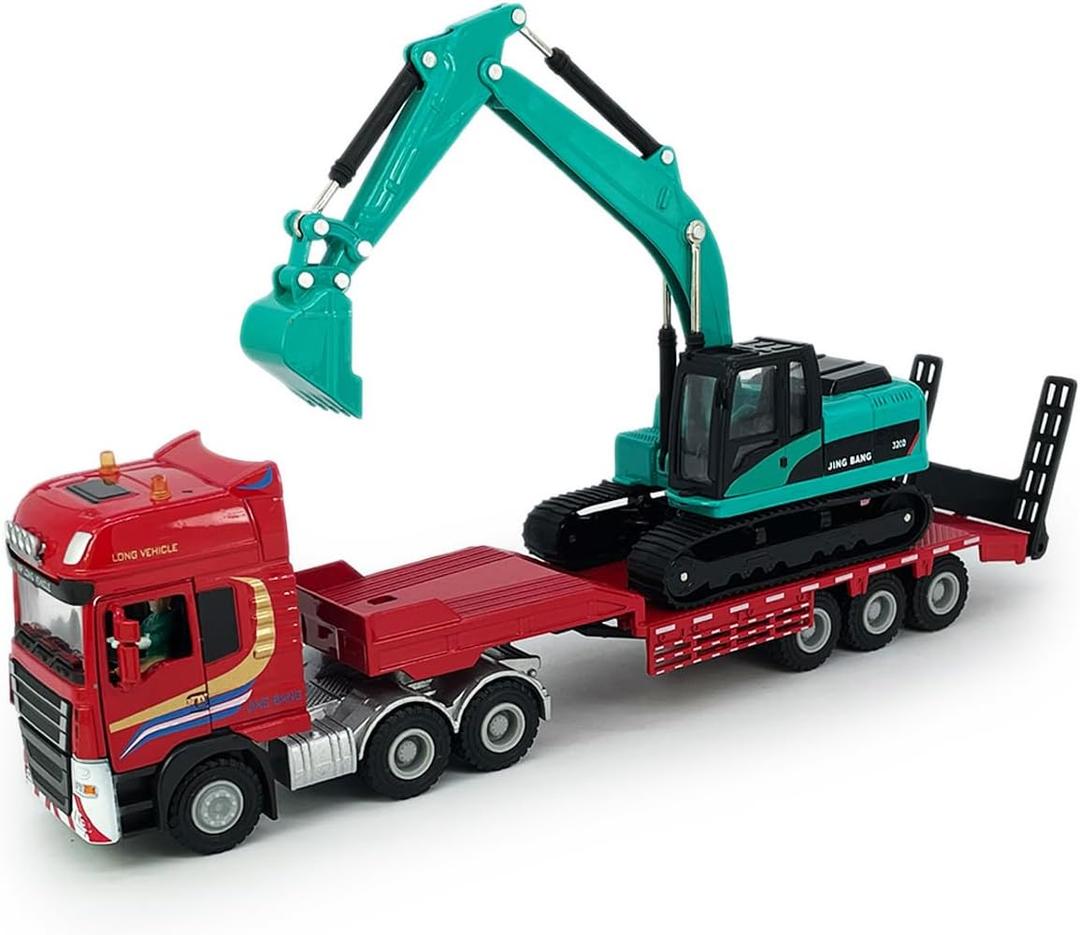 Flatbed Truck Toy with Crawler Excavator Toy Tractor Semi Tow Truck Transport Trailer Metal Diecast Construction Vehicles 2 in 1 Vehicle Playset Friction Powered Toy Trucks for Boys Kids Gift, red