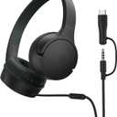 Belkin SoundForm Mini Kids Wired Headphones w/USB C to 3.5mm Dongle, Built-in Mic & Fun Stickers, 85dB Max Volume for Online Learning, Travel, Compatible w/iPhone 16, iPad, Galaxy S25, etc - Black