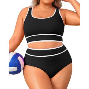 Aqua Eve Plus Size One Piece Swimsuit with Sleeve Tummy Control Bathing Suit Ruffle Vintage Swimwear Black, 22W