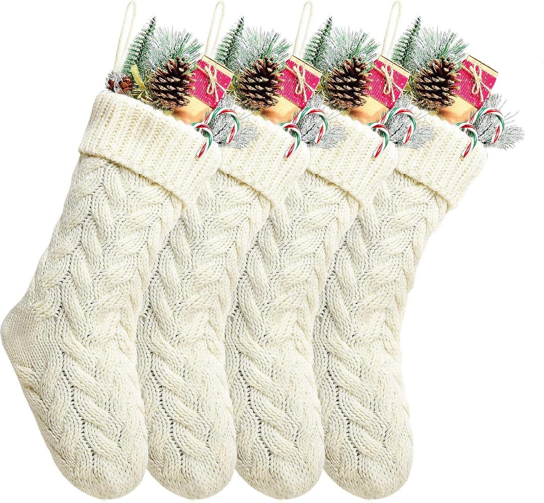 Pack 4,18" Unique Ivory White Knit Christmas Stockings Style3