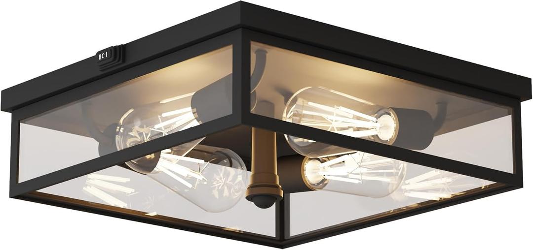 Caftersmark Outdoor Ceiling Light with Motion Sensor 14‘’, Flush Mount Porch Ceiling Light, lear Glass with Dusk to Dawn 4-Light Close to Ceiling Light Fixture for Patio,Porch,Garage