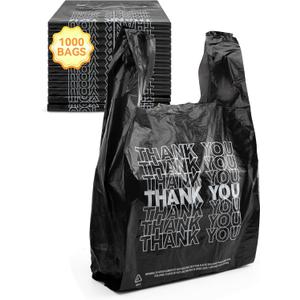1000 Count Black Thank You Plastic T-Shirt Bags with Handles, 10.5" x 5.5" x 17.5" (1/8 Size), 14 Mic Plastic Grocery Bags for Retail, Shopping, Takeout, Convenience Stores & Small Trash Bags