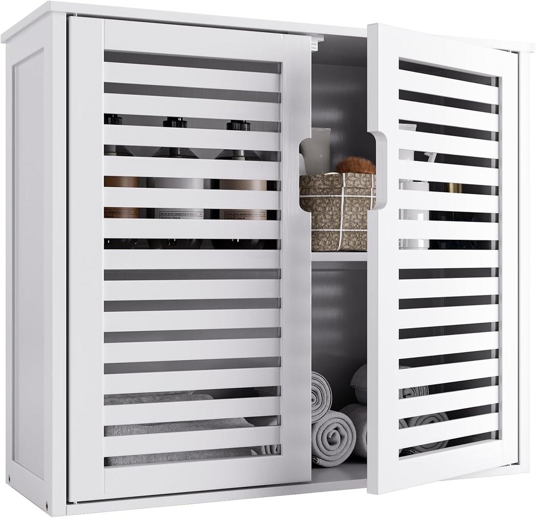 HITNET White Bathroom Cabinet Over Toilet, Bamboo Hanging Medicine Cabinet, Wall-Mounted Storage Organizer, Kitchen Cupboard with Double Doors and Adjustable Shelf, 23.03 Inches W X 8.07 Inches D X 20.28 Inches H