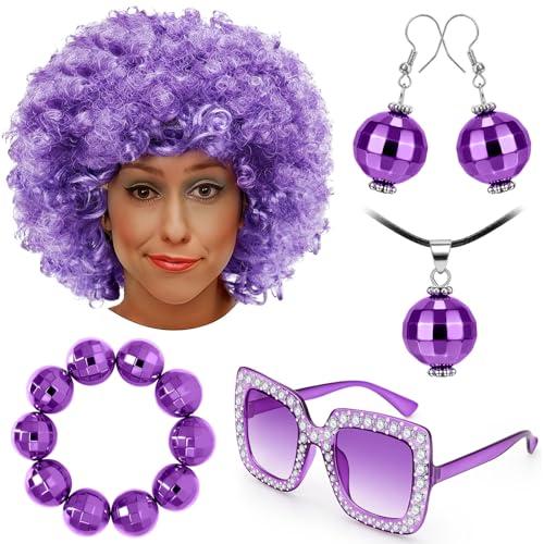 Canlierr 70s Disco Costume Accessories Set for Women, Afro Wig Disco Ball Earrings Necklace Bracelet Sunglasses for Halloween Party(Purple)