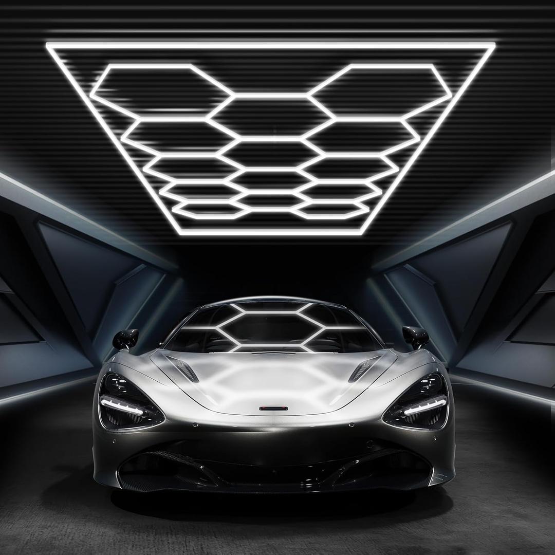 Hexagon Garage Lights with Rectangle Frame, High Brightness 672W 86400LM 6500K, 14 Hex Grid for Garage, Shop, Basement, Car Detailing Shop etc., with Mounting Clip