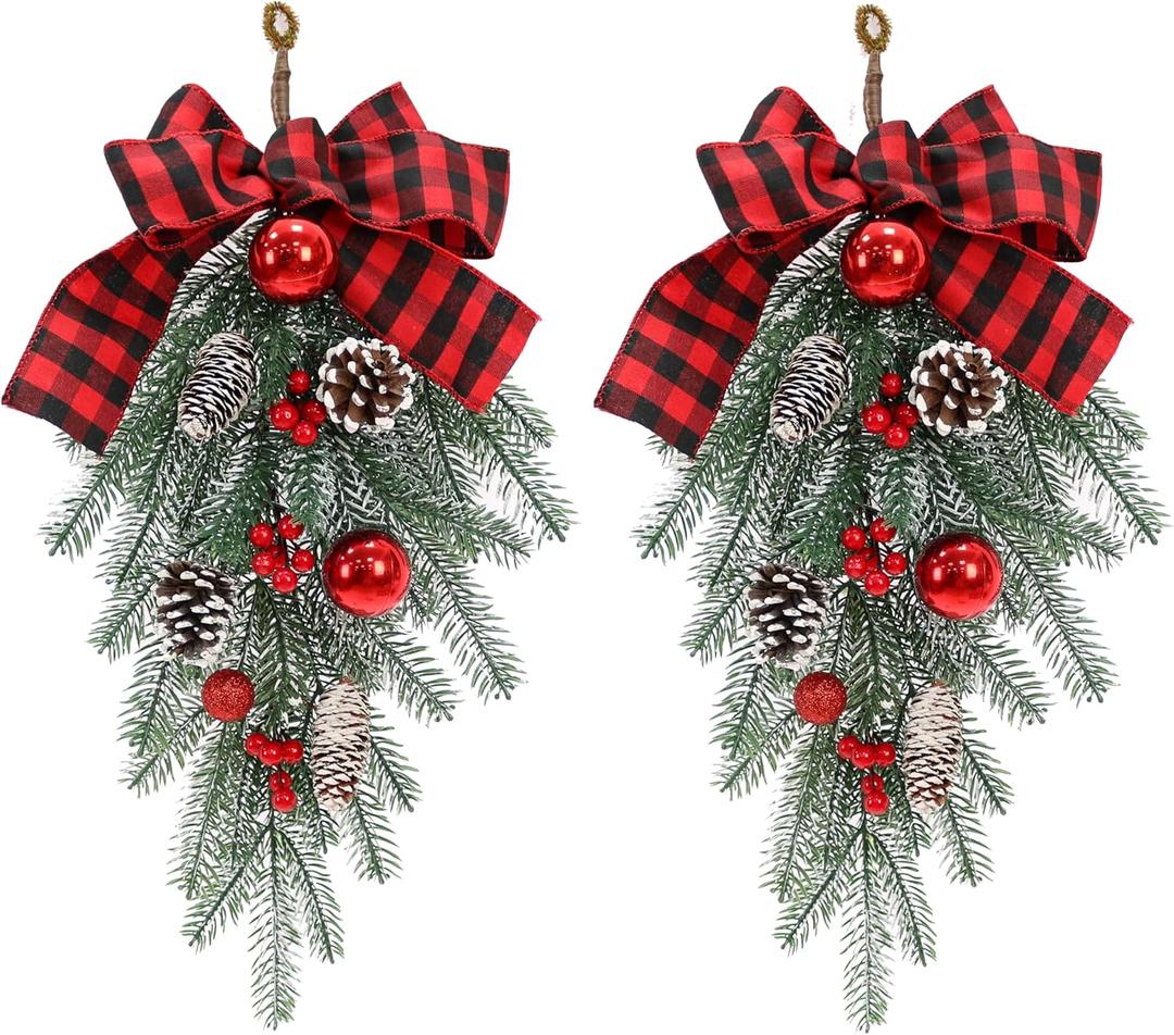 Christmas Swags for Decorating Outdoor, Garland Winter Swag Teardrop Ornament Pine Cone red Bow Decorative Props Pendant Wall Hanging for Front Door Indoor Outdoor Wall Hanging Wreaths Decor (2 Pack)