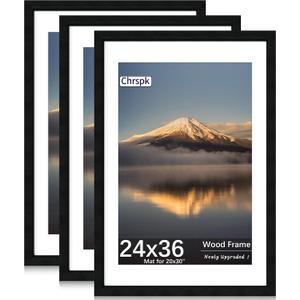 24X36 Poster Frame, Display Pictures 20X30 with Mat or 24X36 Without, Wall Hanging Frames, Black, 3 Pack