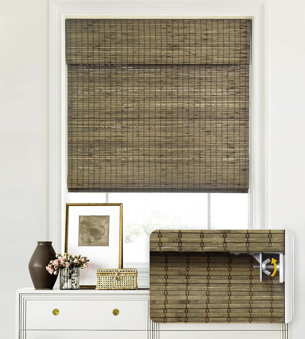 LazBlinds No Tools No Drill Cordless Bamboo Roman Shades, Privacy Window Treatment, Roll Up Bamboo Blinds for Windows 34'' W x 64'' H, Driftwood