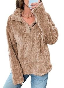 BLENCOT Women Fashion Button Down Collar Textured Shearling Long Sleeve Plain Cable Casual Fuzzy Fleece Ladies Sweatshirts Pullovers Shirts Tops Khaki, 2XL