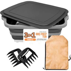 BBQ Prep Tub with Locking Lid, 2 Meat Shredder Claws Collapsible Cutting Board with 3 Adjustable Heights. BBQ Prep tub & Resting Bag, Multifunction Basin for Kitchen, Grilling, Camping & Picnics.