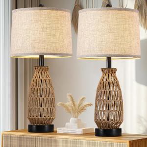 Boho Table Lamp Set of 2, 27" Handwoven Rattan Lamps with Fabric Shade, Bohemian Farmhouse Bedside Lamp Modern Wicker Lamps with Rotary Switch for Bedroom Living Room Nightstands Dorm Farmhouse Decor (Rattan Dark Brown)